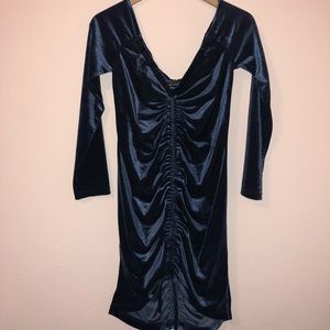 Fashion Nova Blue Velvet Off the Shoulder Dress